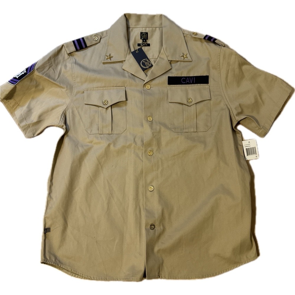 CAVI XL Military Style Short Sleeve Button Shirt Khaki Tan Gold Trim Uniform NWT